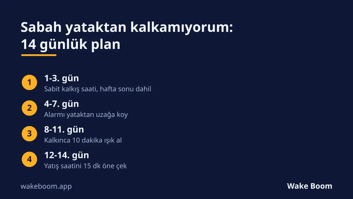 Yataktan kalkmak için 14 günlük plan: sabit saat, uzağa alarm, sabah ışığı, erken yatış.
