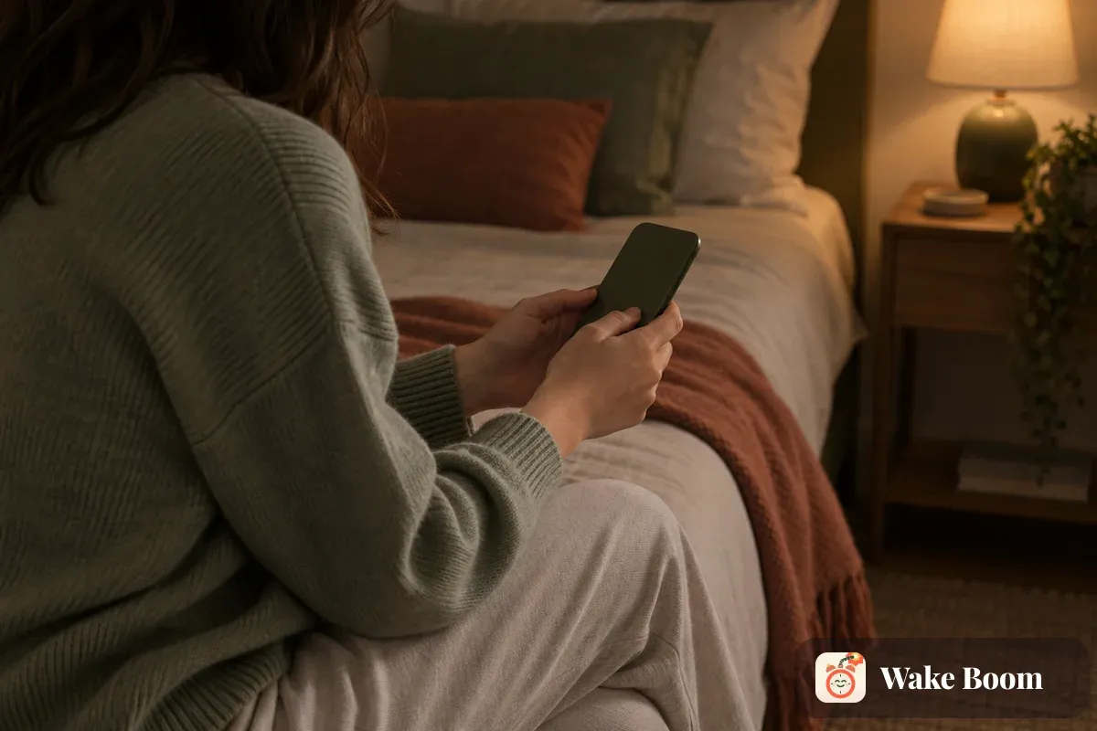 Iemand zit ’s avonds op de rand van het bed met de telefoon in de hand, bij het licht van een lamp op het nachtkastje.