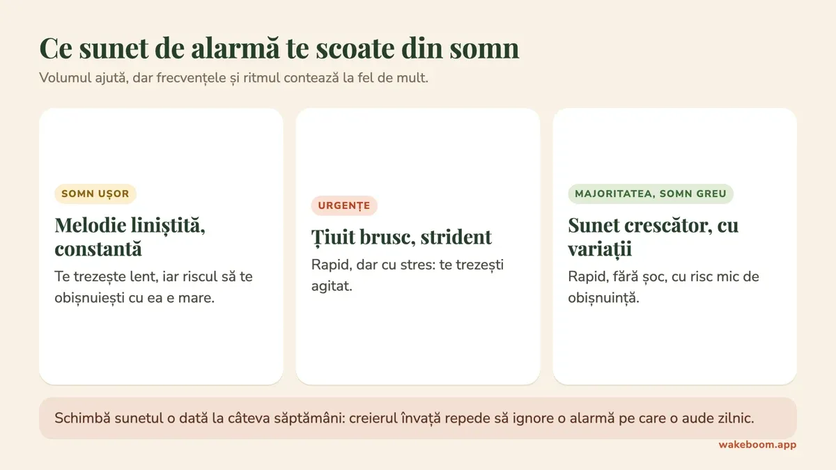 Infografic: trei tipuri de sunet de alarmă comparate după cât de repede te trezesc și cât de ușor te obișnuiești cu ele