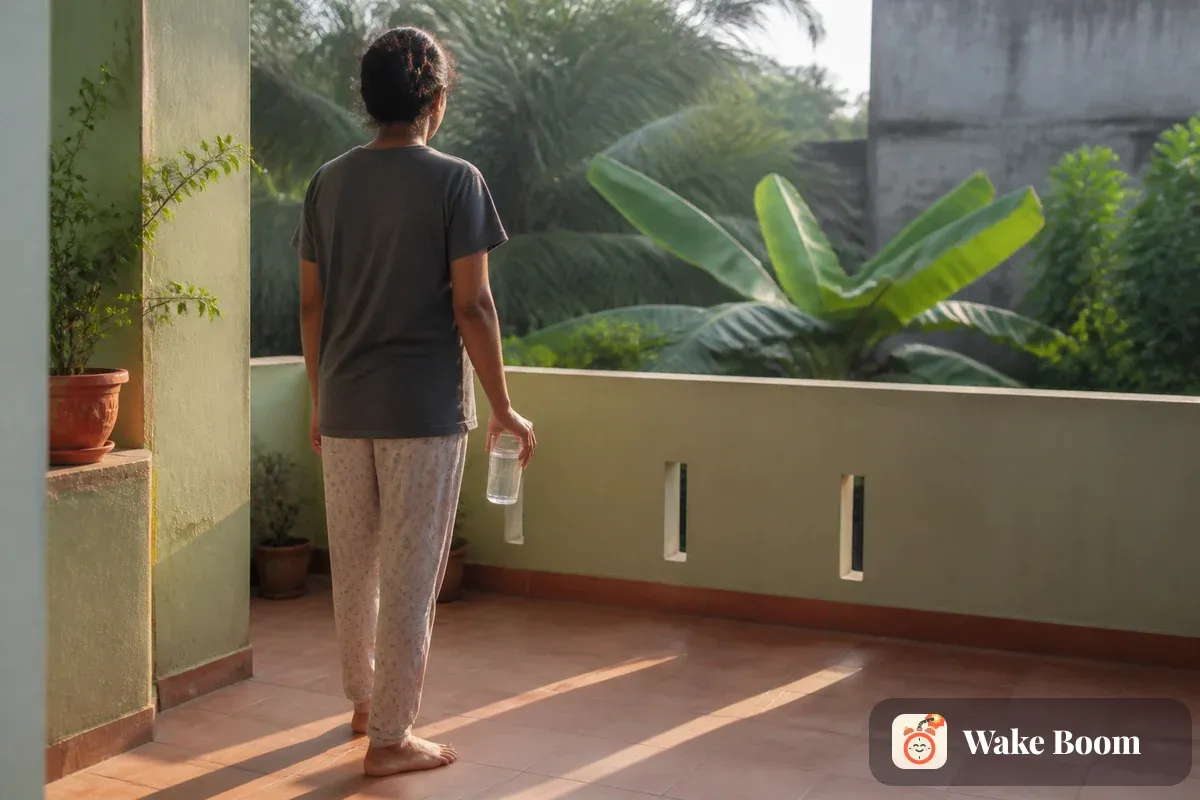 Seseorang berdiri di teras rumah pada pagi hari, memunggungi kamera, memegang gelas air, dengan bayangan panjang jatuh di lantai teras.