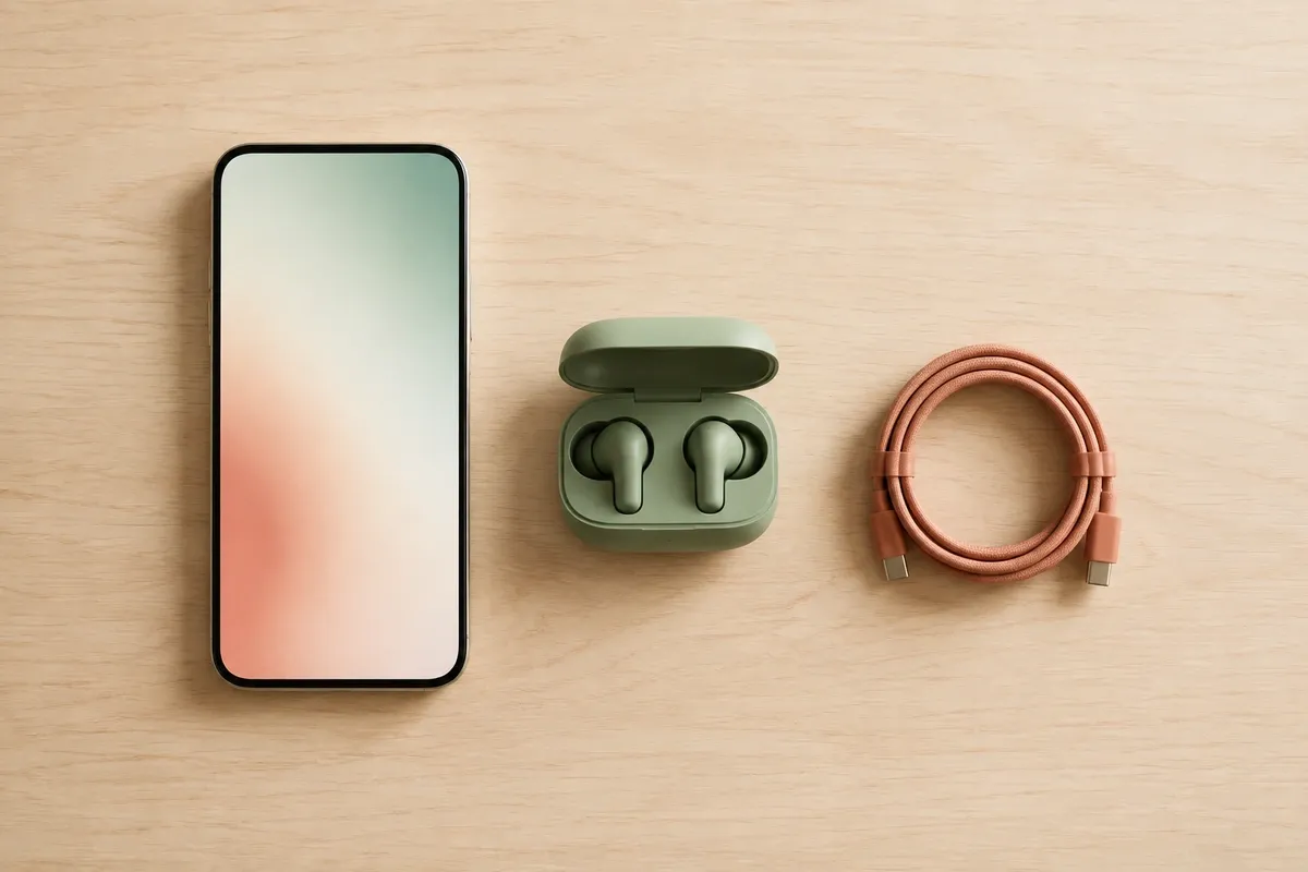 Celular, estojo aberto de fones sem fio e um cabo de carregador enrolado sobre uma mesa clara de madeira, vistos de cima.