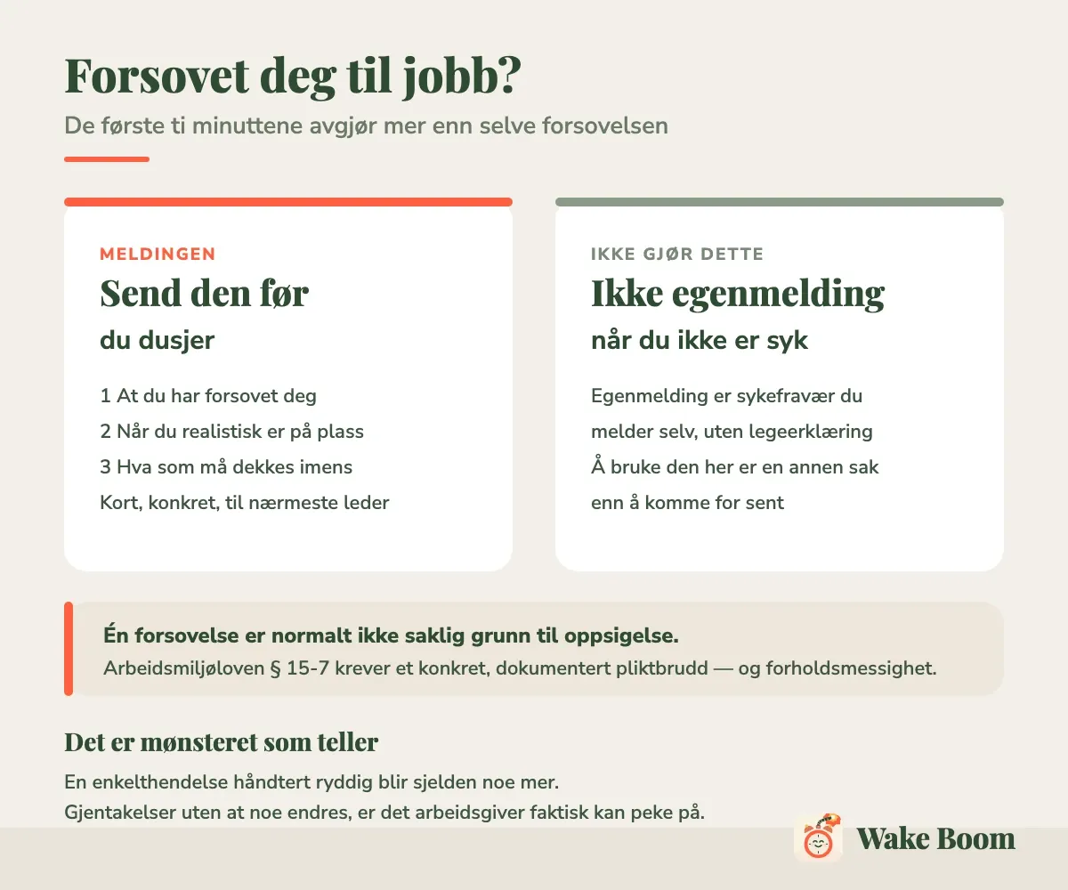Infografikk: hva meldingen skal inneholde, hvorfor egenmelding er feil verktøy, og hva arbeidsmiljøloven § 15-7 faktisk krever