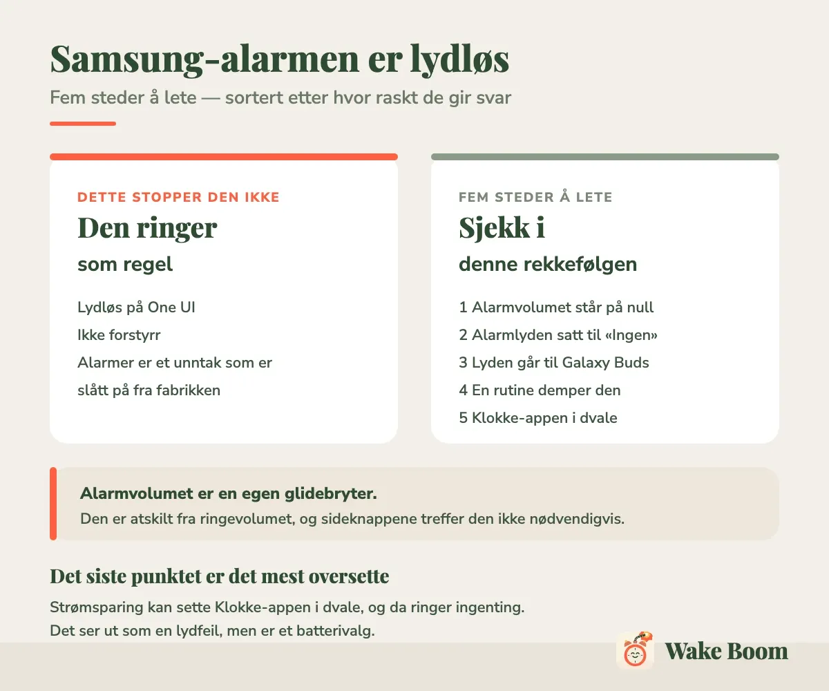 Infografikk: lydløs og Ikke forstyrr stopper ikke Samsung-alarmen, og de fem stedene å lete når den likevel er stille