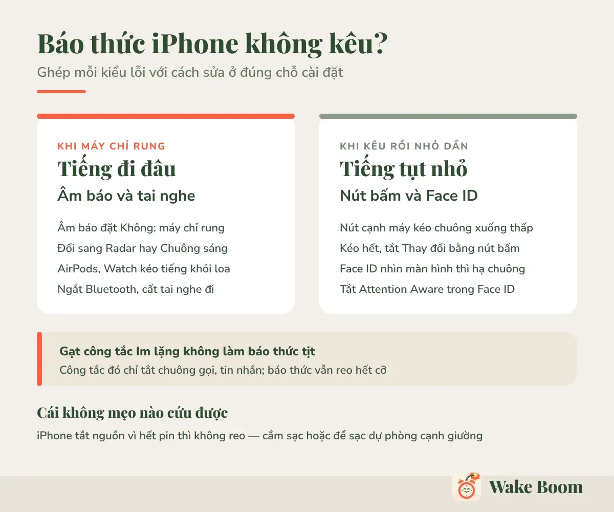 Báo thức iPhone không kêu? — Ghép mỗi kiểu lỗi với cách sửa ở đúng chỗ cài đặt