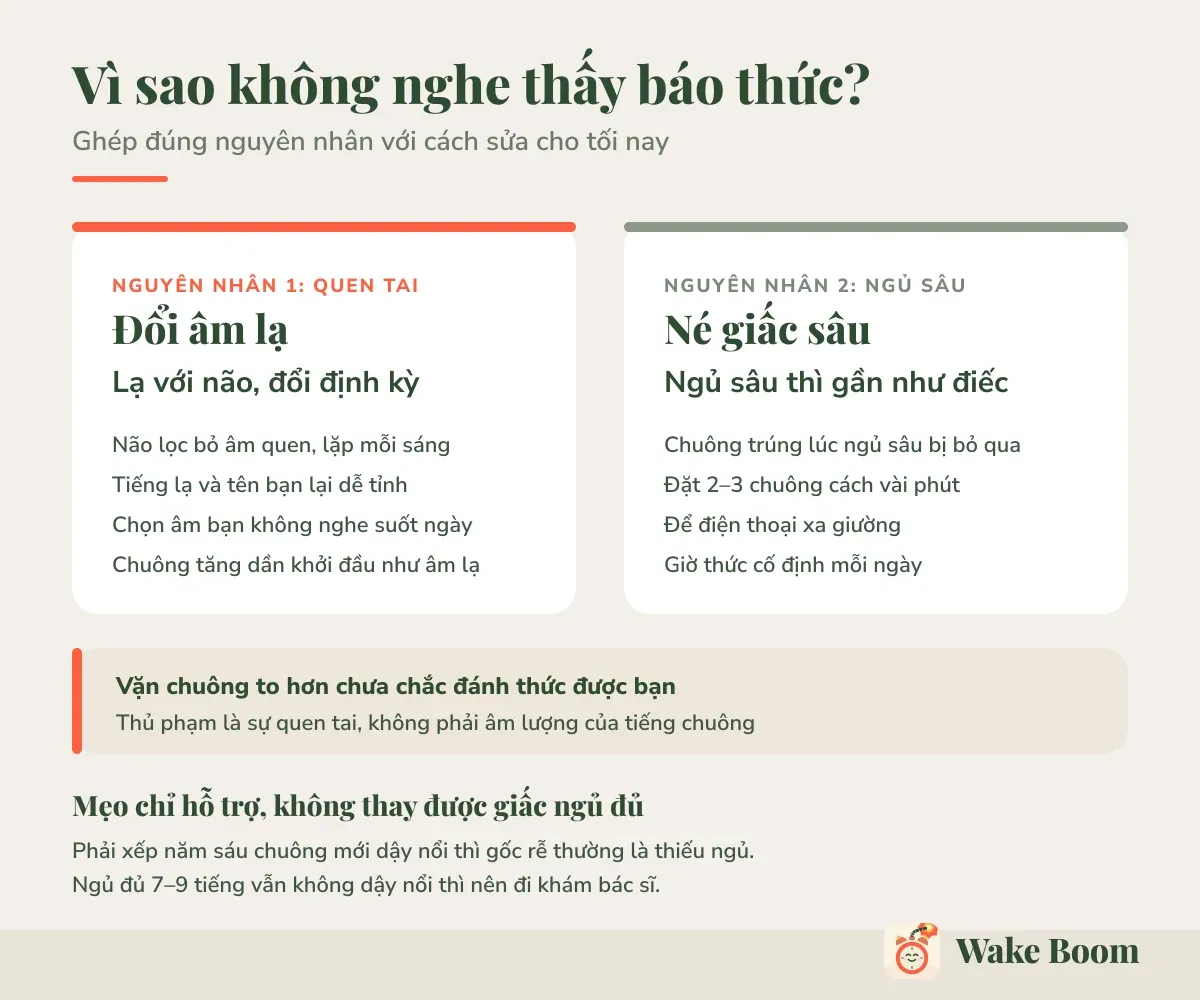 Vì sao không nghe thấy báo thức? — Ghép đúng nguyên nhân với cách sửa cho tối nay