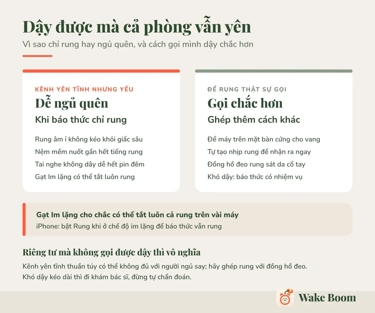 Dậy được mà cả phòng vẫn yên — Vì sao chỉ rung hay ngủ quên, và cách gọi mình dậy chắc hơn