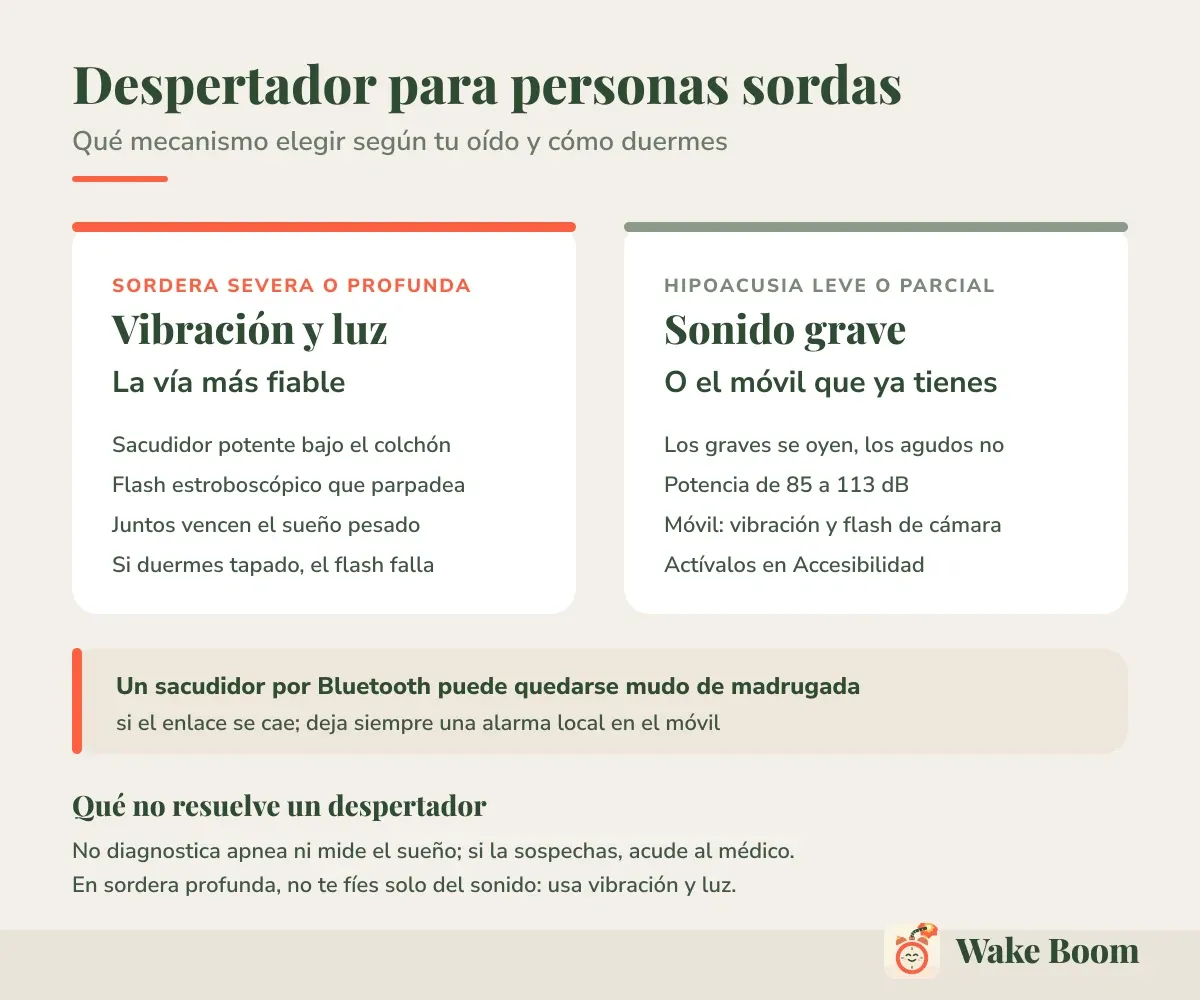 Despertador para personas sordas — Qué mecanismo elegir según tu oído y cómo duermes