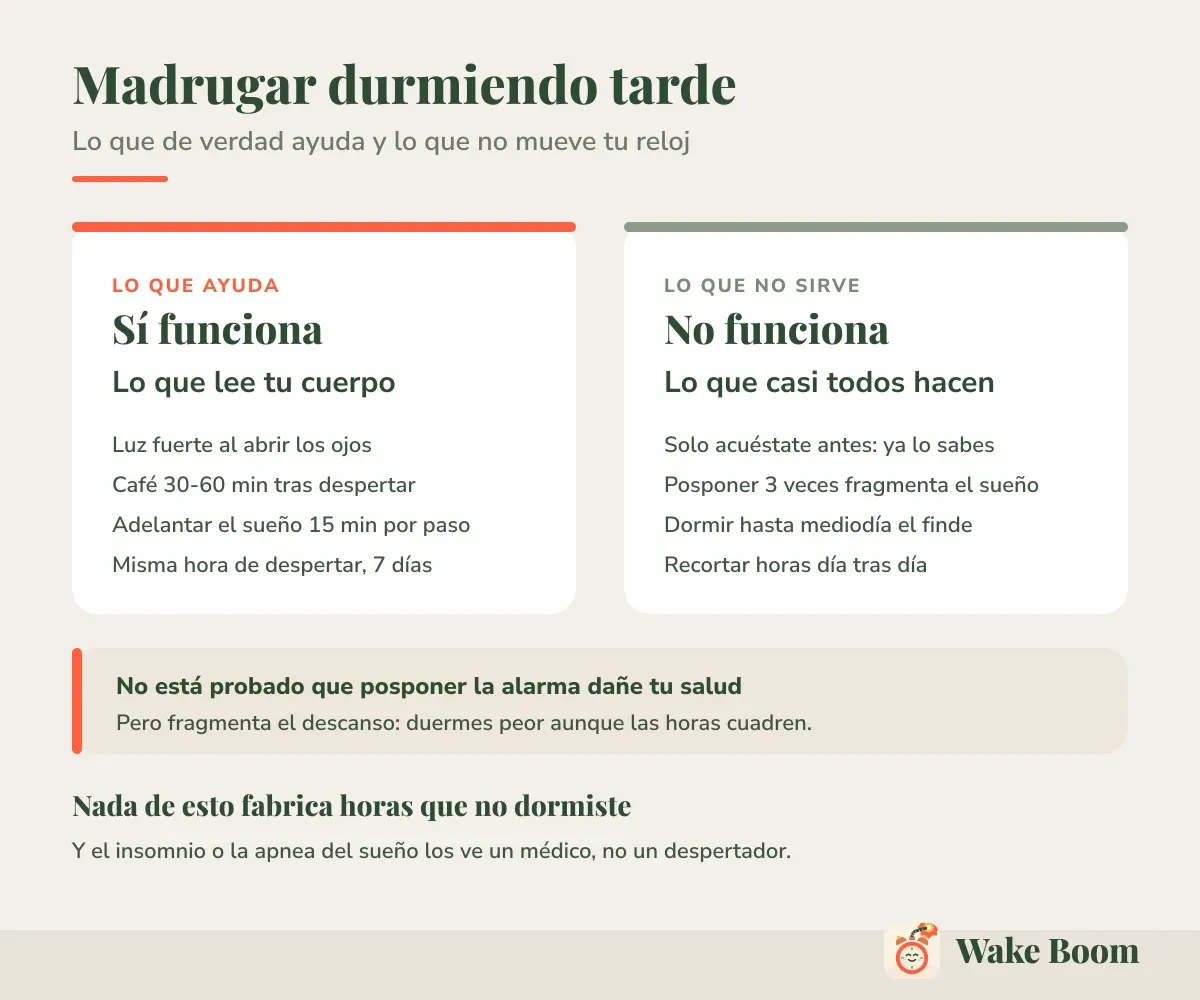 Madrugar durmiendo tarde — Lo que de verdad ayuda y lo que no mueve tu reloj