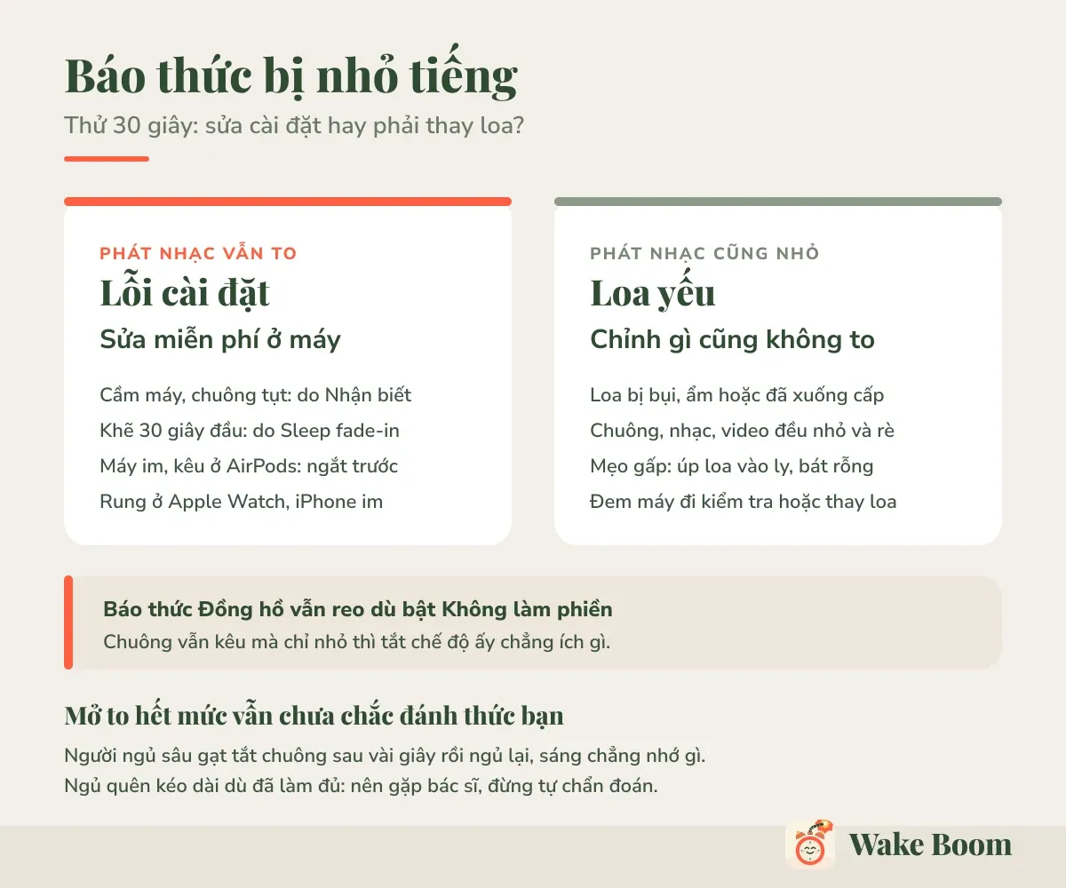 Báo thức bị nhỏ tiếng — Thử 30 giây: sửa cài đặt hay phải thay loa?
