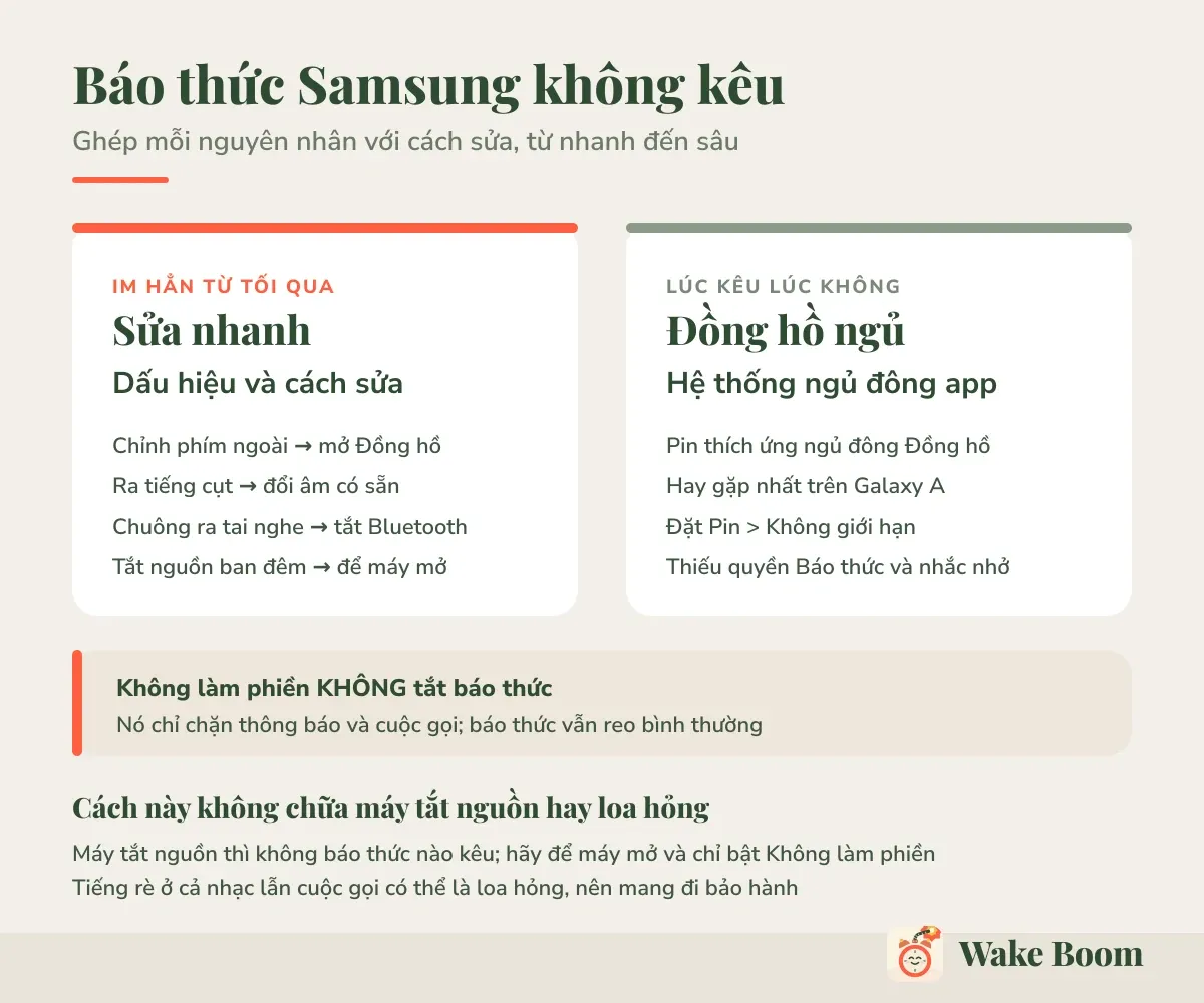 Báo thức Samsung không kêu — Ghép mỗi nguyên nhân với cách sửa, từ nhanh đến sâu