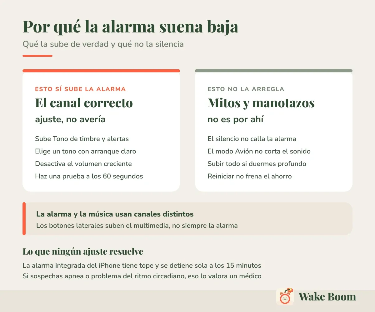 Por qué la alarma suena baja — Qué la sube de verdad y qué no la silencia
