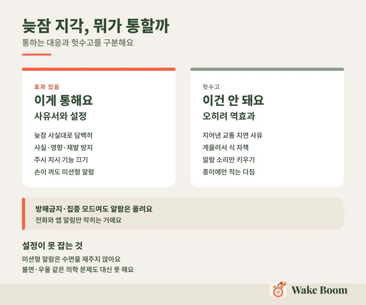 늦잠 지각, 뭐가 통할까 — 통하는 대응과 헛수고를 구분해요