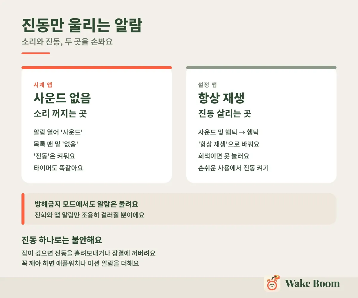 진동만 울리는 알람 — 소리와 진동, 두 곳을 손봐요