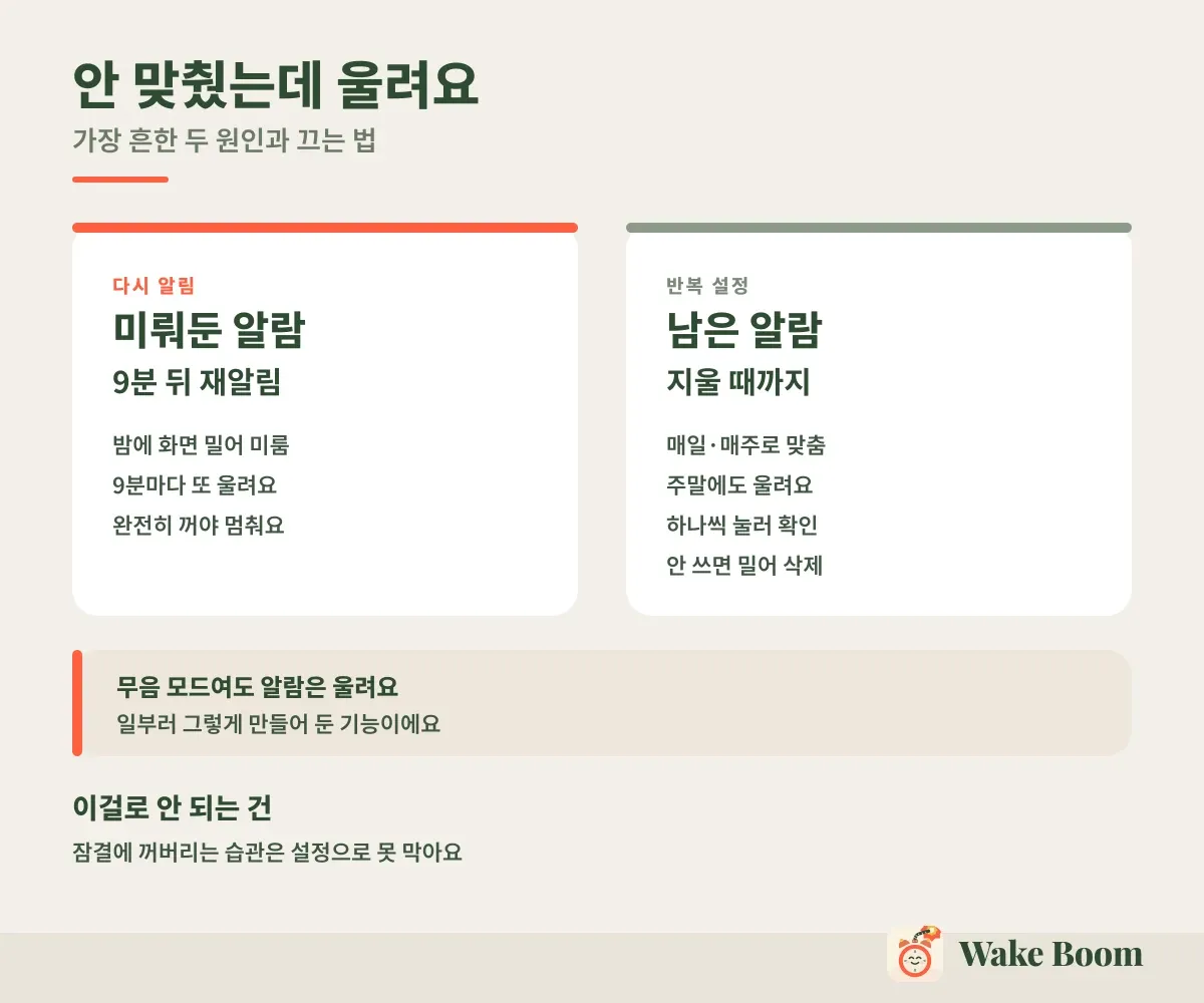 안 맞췄는데 울려요 — 가장 흔한 두 원인과 끄는 법