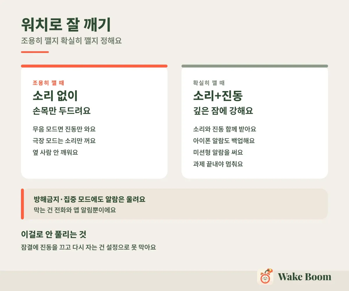 워치로 잘 깨기 — 조용히 깰지 확실히 깰지 정해요