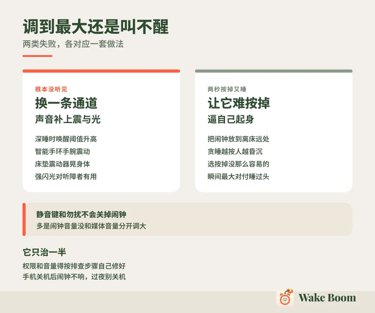 调到最大还是叫不醒 — 两类失败，各对应一套做法