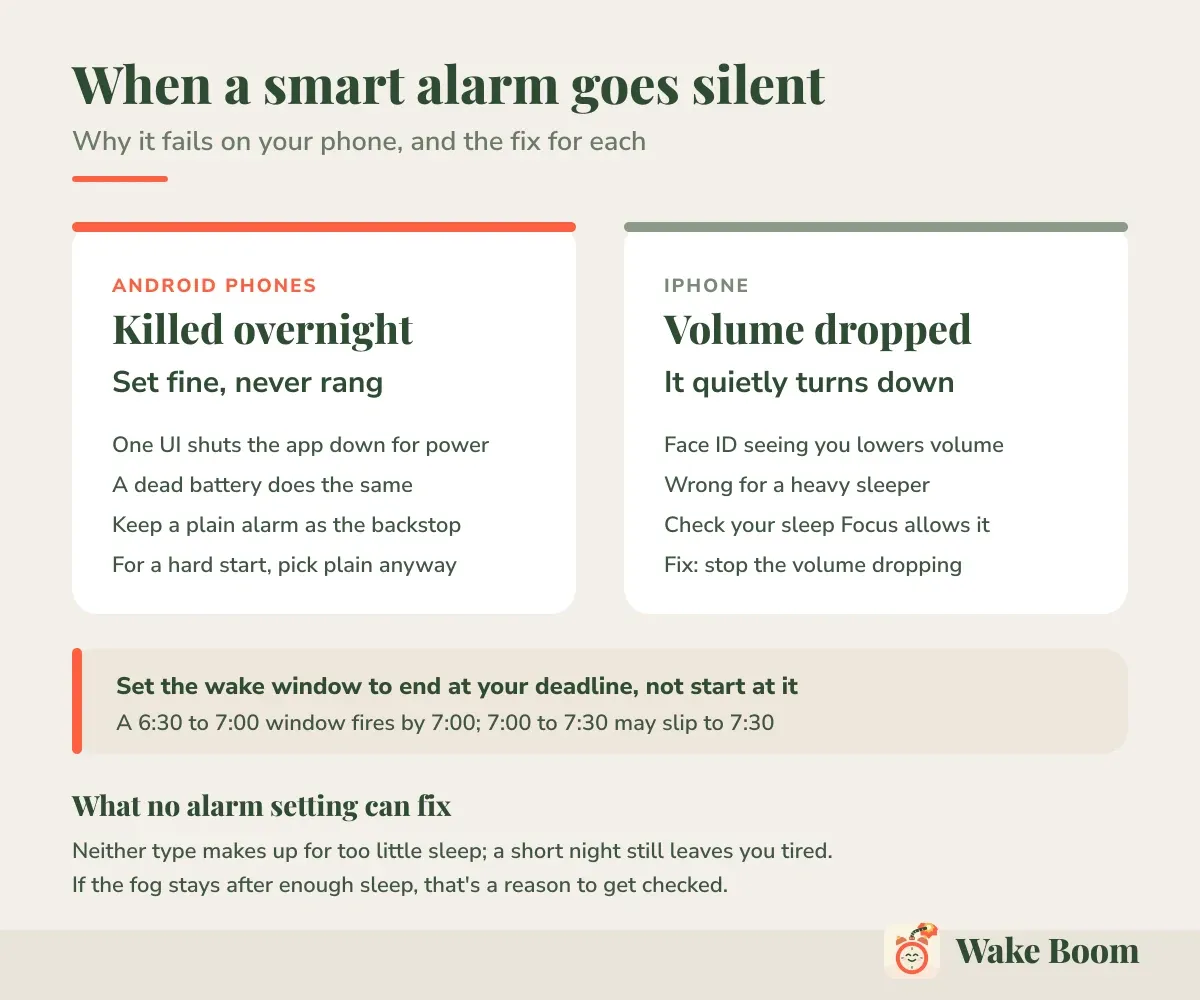 When a smart alarm goes silent — Why it fails on your phone, and the fix for each