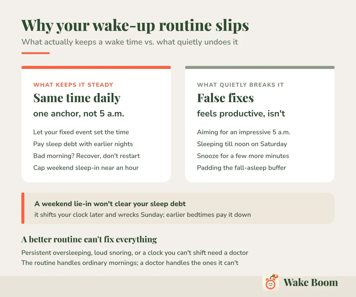 Why your wake-up routine slips — What actually keeps a wake time vs. what quietly undoes it