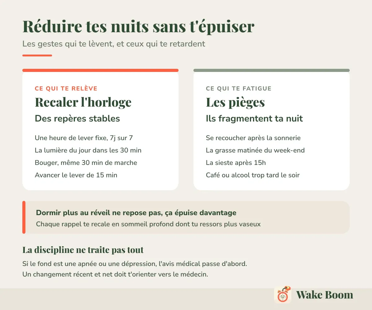 Réduire tes nuits sans t’épuiser — Les gestes qui te lèvent, et ceux qui te retardent