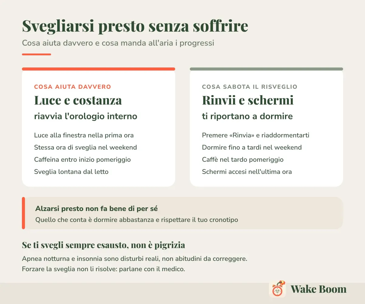 Svegliarsi presto senza soffrire — Cosa aiuta davvero e cosa manda all’aria i progressi