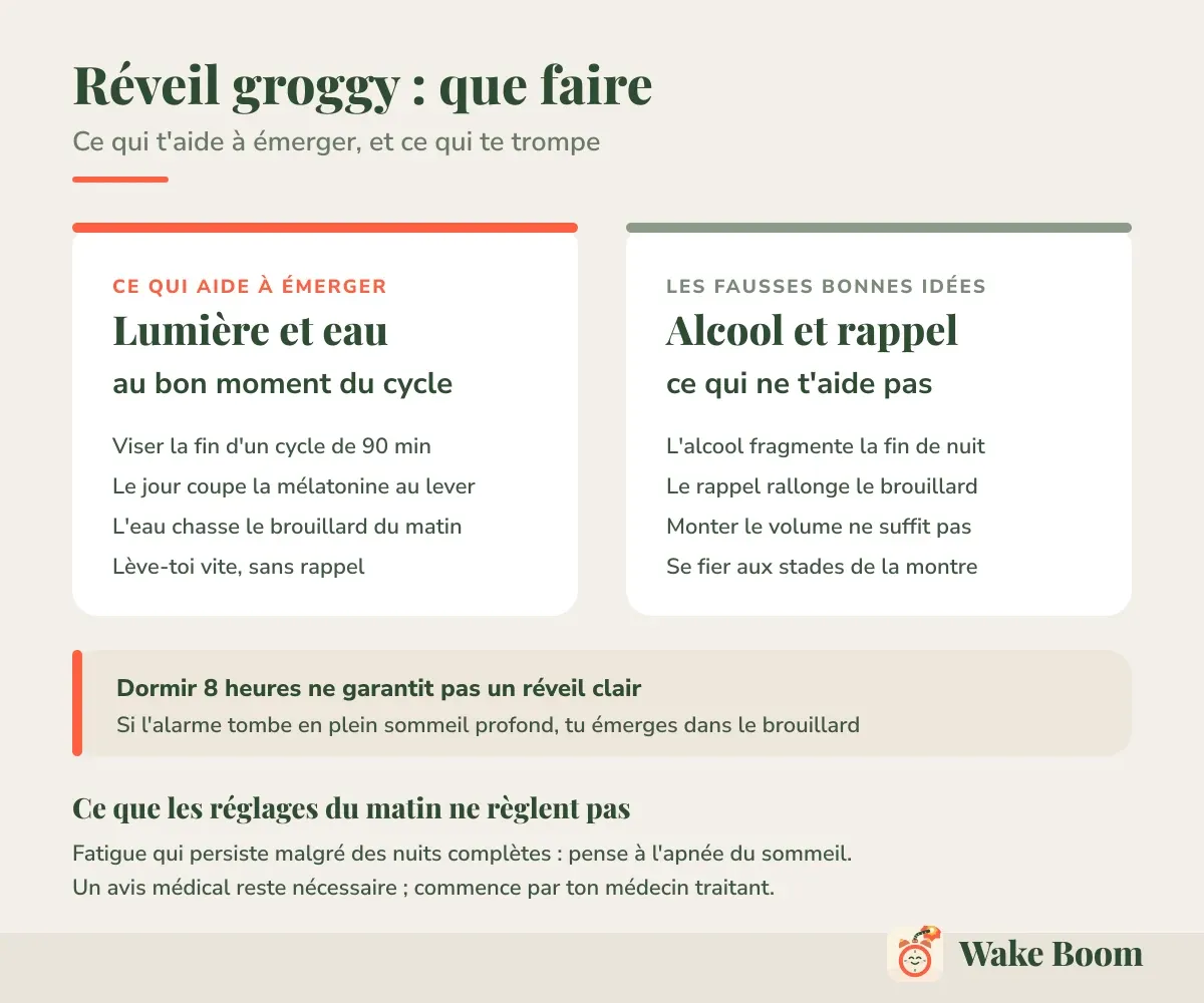 Réveil groggy : que faire — Ce qui t’aide à émerger, et ce qui te trompe