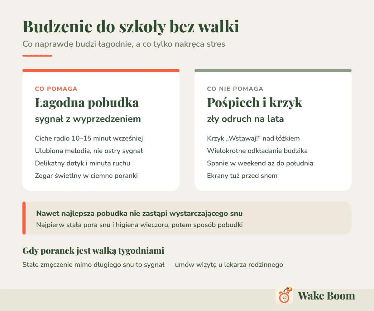 Budzenie do szkoły bez walki — Co naprawdę budzi łagodnie, a co tylko nakręca stres