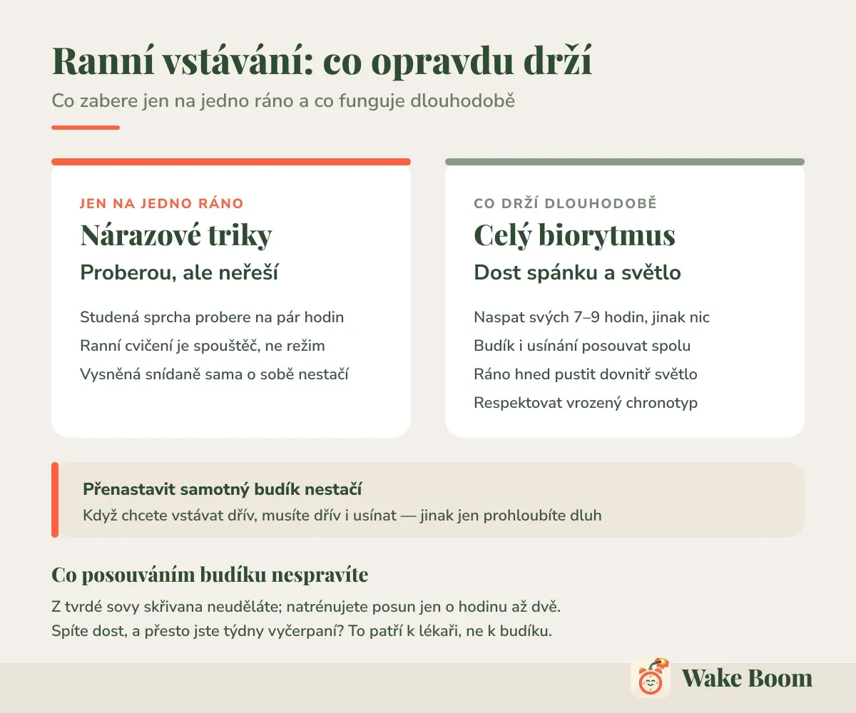 Ranní vstávání: co opravdu drží — Co zabere jen na jedno ráno a co funguje dlouhodobě