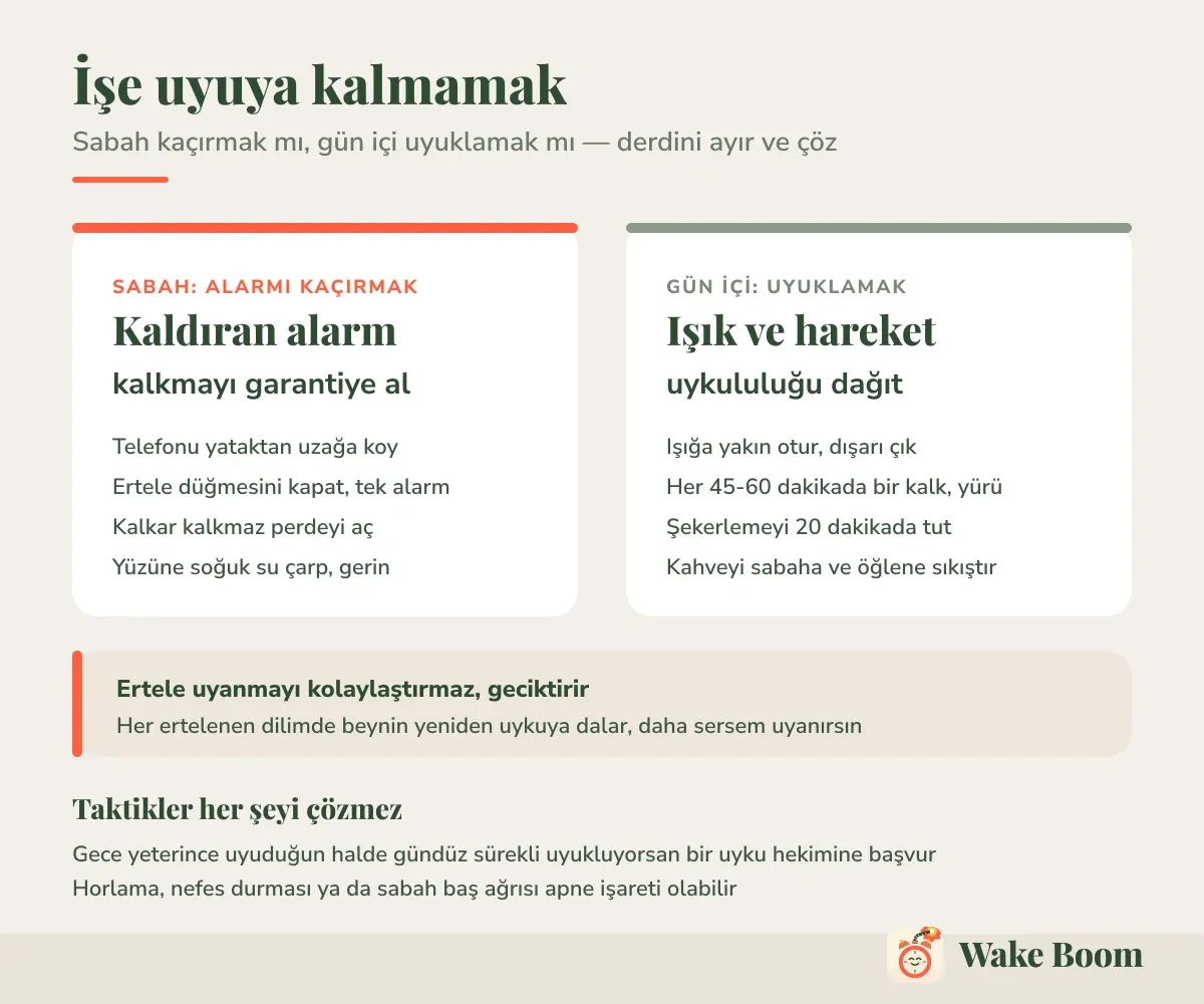 İşe uyuya kalmamak — Sabah kaçırmak mı, gün içi uyuklamak mı — derdini ayır ve çöz