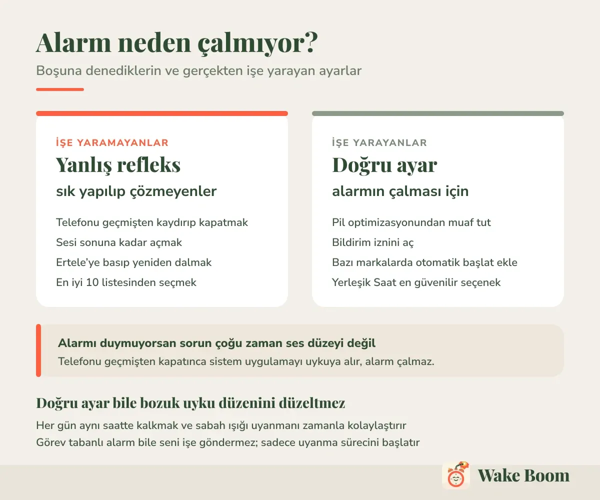 Alarm neden çalmıyor? — Boşuna denediklerin ve gerçekten işe yarayan ayarlar