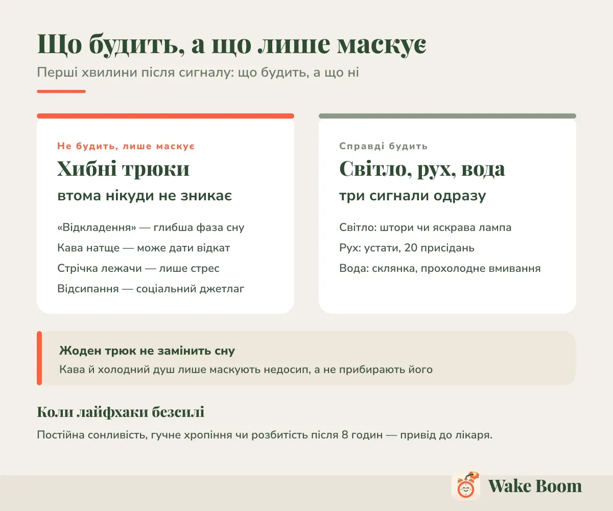 Що будить, а що лише маскує — Перші хвилини після сигналу: що будить, а що ні