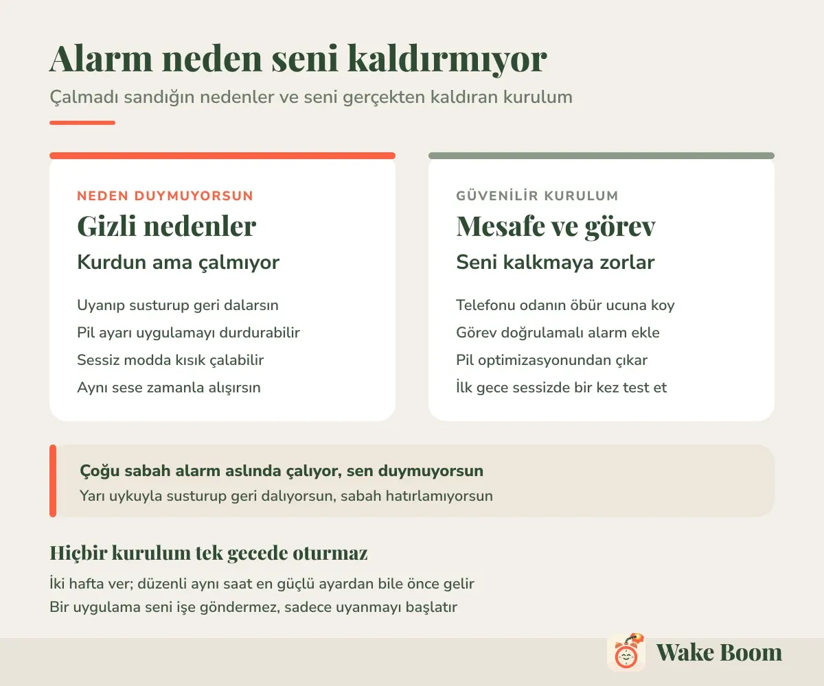 Alarm neden seni kaldırmıyor — Çalmadı sandığın nedenler ve seni gerçekten kaldıran kurulum