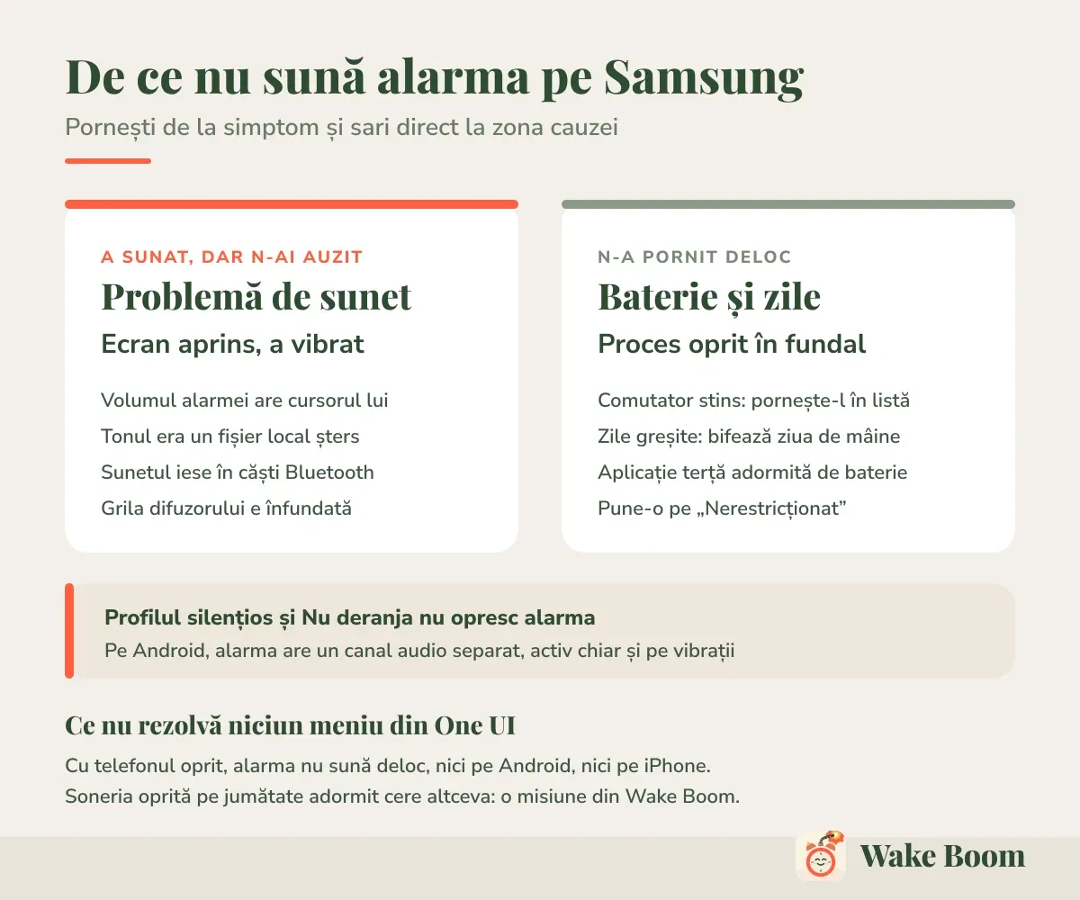 De ce nu sună alarma pe Samsung — Pornești de la simptom și sari direct la zona cauzei