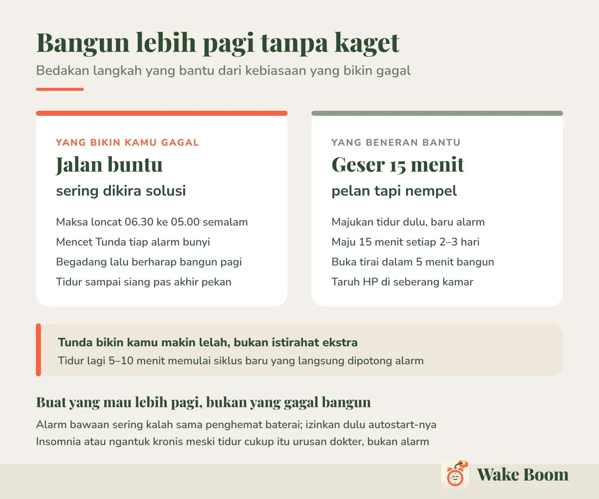 Bangun lebih pagi tanpa kaget — Bedakan langkah yang bantu dari kebiasaan yang bikin gagal