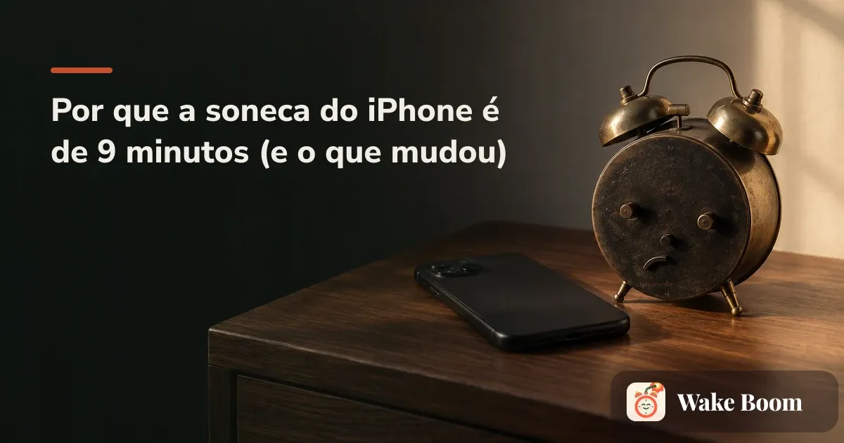 Tela de alarme de um iPhone marcando 9 minutos de soneca ao lado de um despertador mecânico antigo