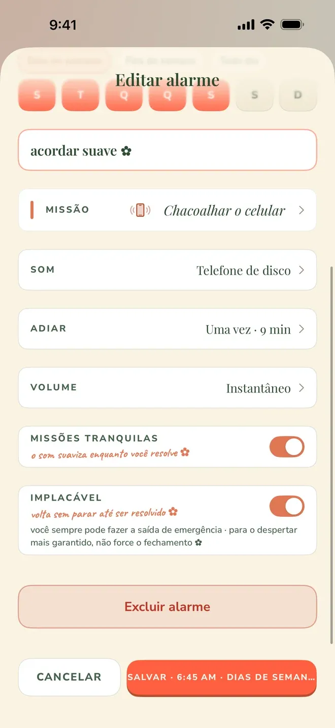 Tela de edição de alarme do Wake Boom em português, com a linha VOLUME marcada como “Instantâneo” entre as opções de missão, som e adiar.
