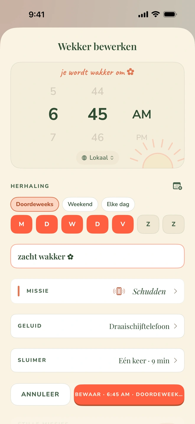 Het wekker-instelscherm van Wake Boom: een tijdkiezer op 6:45, herhaling op weekdagen, de missie Schudden, het geluid Draaischijftelefoon en de schakelaar Onverbiddelijk