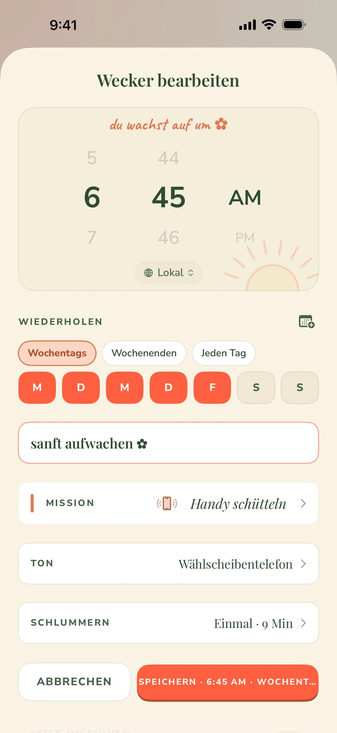 Der Wecker-Bildschirm von Wake Boom: Zeitauswahl 6:45 Uhr, Wiederholung an Wochentagen, die Mission „Handy schütteln“, der Klingelton „Wählscheibentelefon“ und der Unerbittlich-Schalter