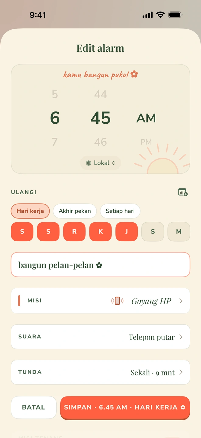 Layar pengaturan alarm Wake Boom: pemilih waktu 6.45 pagi, pengulangan hari kerja, misi Goyang HP, suara Telepon Putar, dan sakelar Gigih