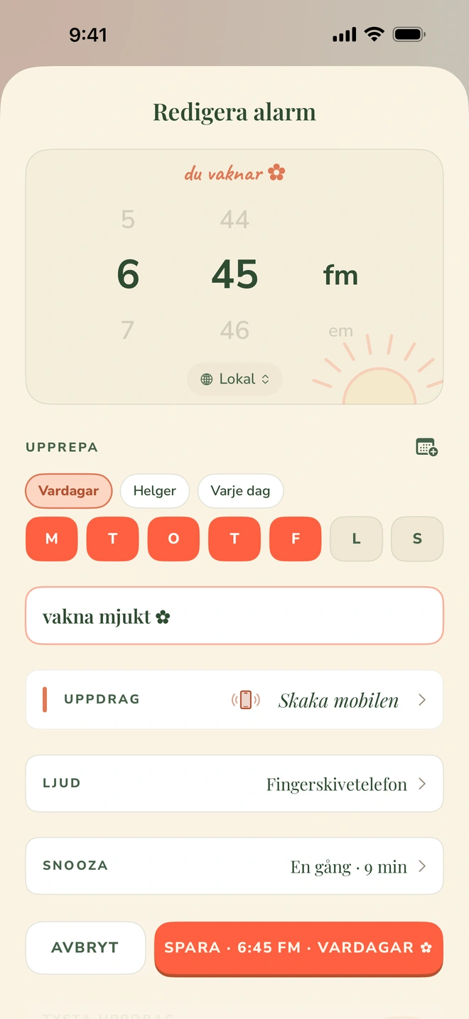 Wake Booms alarmskärm: en tidsväljare på 6:45, upprepning på vardagar, uppdraget Skaka mobilen, ljudet Fingerskivetelefon och Obeveklig-reglaget