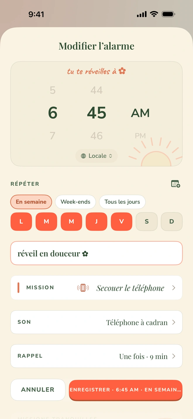 L’écran de réglage d’alarme de Wake Boom : sélection de 6 h 45, répétition en semaine, la mission « Secouer le téléphone », la sonnerie « Téléphone à cadran » et l’interrupteur Implacable