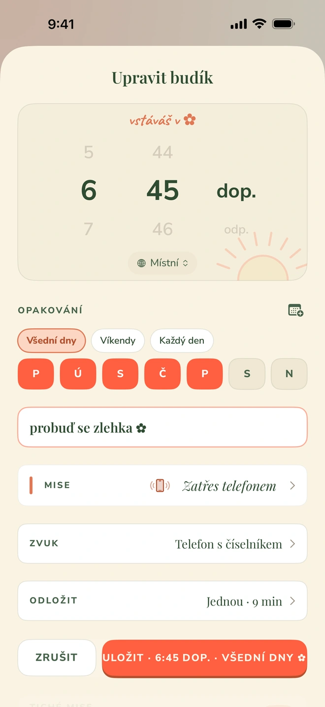 Obrazovka nastavení budíku ve Wake Boomu: čas 6:45, opakování ve všední dny, mise Zatřes telefonem, zvuk Rotační telefon a přepínač Neúprosný