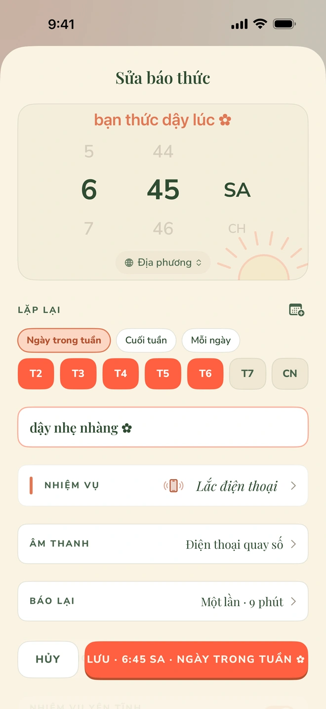 Màn hình đặt báo thức của Wake Boom: chọn giờ 6:45 sáng, lặp lại các ngày trong tuần, nhiệm vụ Lắc điện thoại, âm thanh Điện thoại quay số và công tắc Dai dẳng