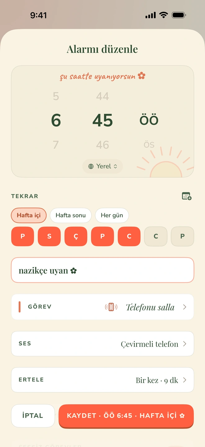 Wake Boom alarm kurma ekranı: 6:45 saat seçici, hafta içi tekrar, Telefonu salla görevi, Çevirmeli Telefon sesi ve Amansız anahtarı