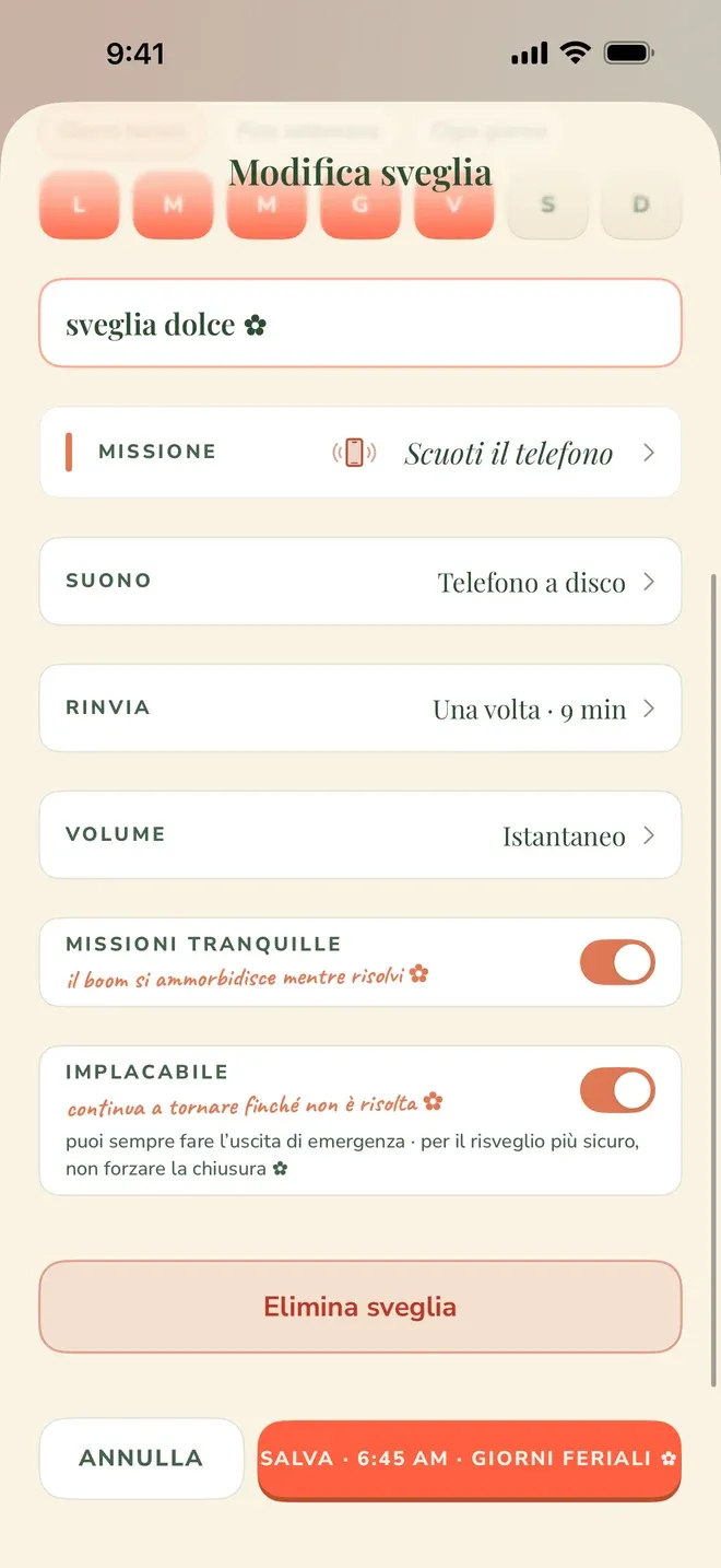 La schermata Modifica sveglia di Wake Boom in italiano: giorni feriali selezionati, missione Scuoti il telefono, suono Telefono a disco, «Rinvia» Una volta · 9 min, volume Istantaneo, e gli interruttori Missioni tranquille e Implacabile entrambi attivi.