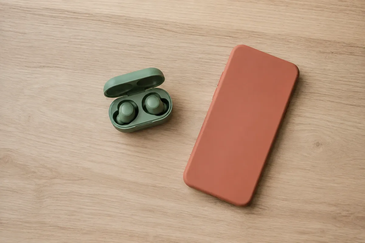 Fones sem fio no estojo aberto sobre a mesa de cabeceira, ao lado de um celular virado para baixo, vistos de cima.