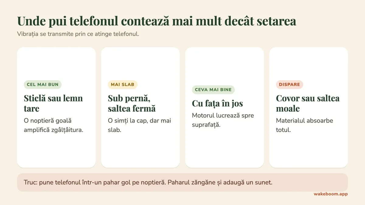 Cât de tare se simte vibrația telefonului pe sticlă sau lemn, sub pernă, cu fața în jos și pe covor sau saltea moale