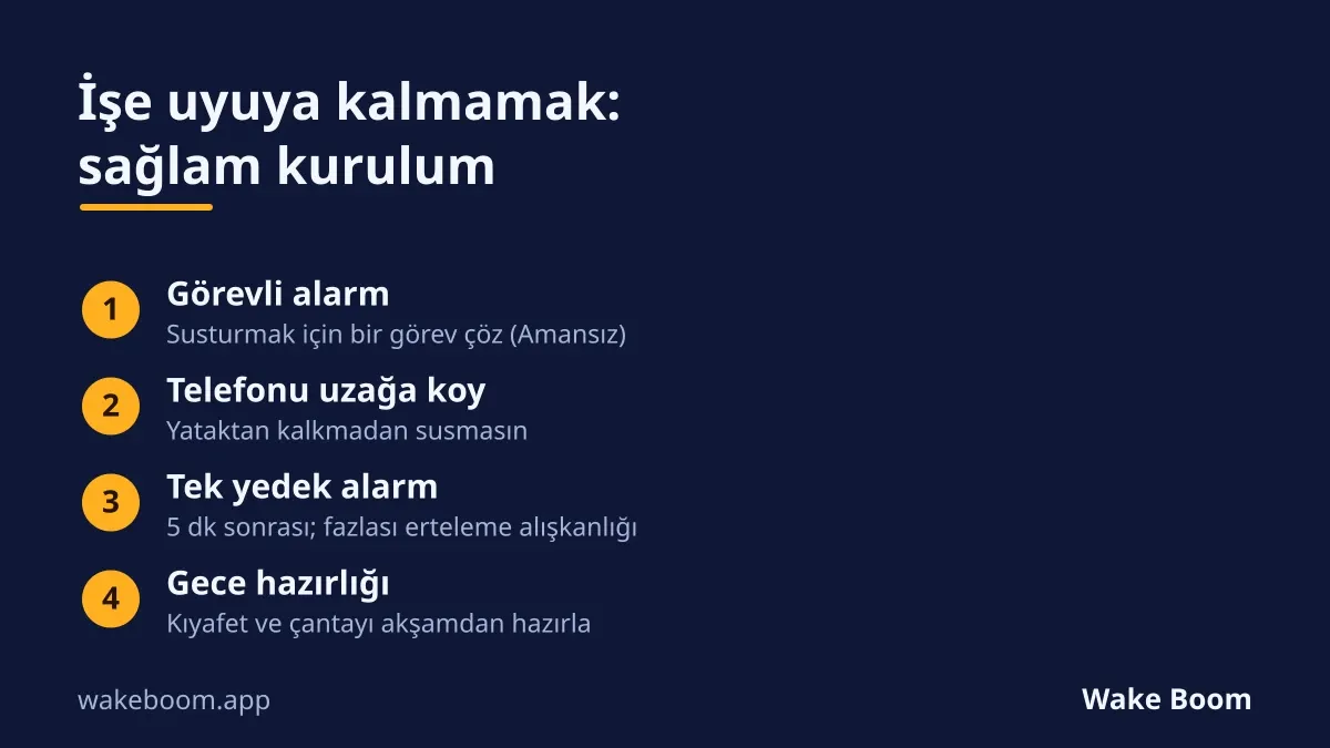 İşe geç kalmamak için kurulum: görevli alarm, telefonu uzağa koy, tek yedek, gece hazırlığı.
