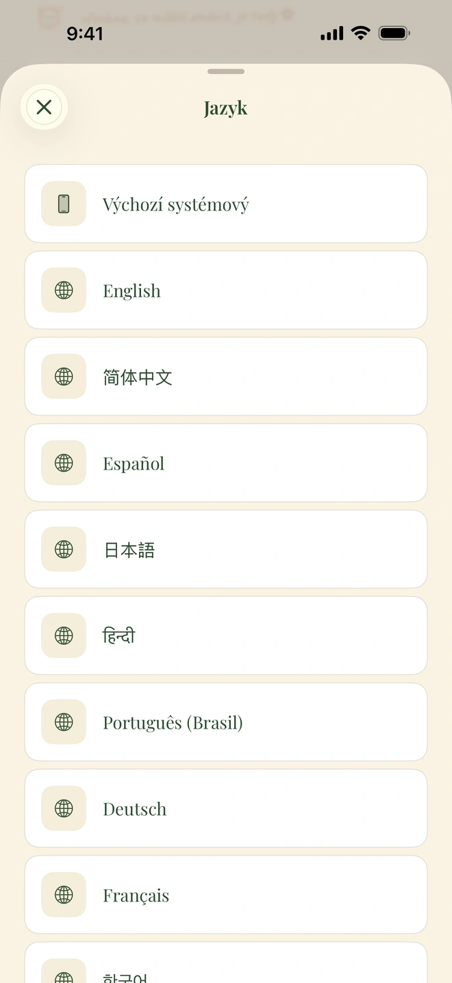 Výběr jazyka v aplikaci s možnostmi English, Español, فارسی, العربية, हिन्दी a 简体中文