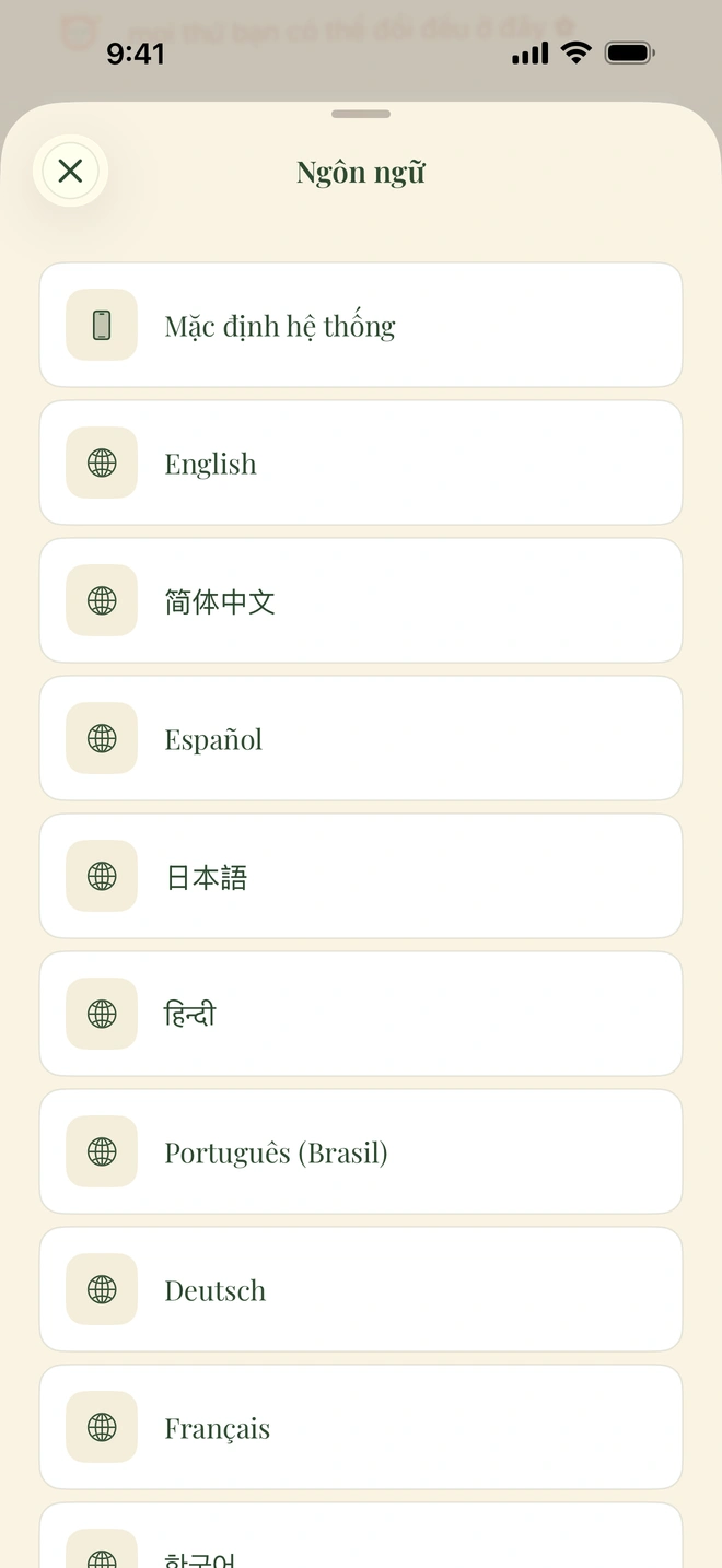 Màn hình chọn ngôn ngữ trong ứng dụng hiển thị English, Español, فارسی, العربية, हिन्दी và 简体中文