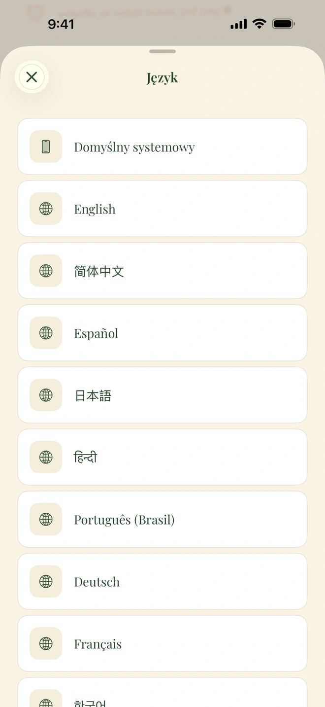 Wybór języka w aplikacji: English, Español, فارسی, العربية, हिन्दी i 简体中文